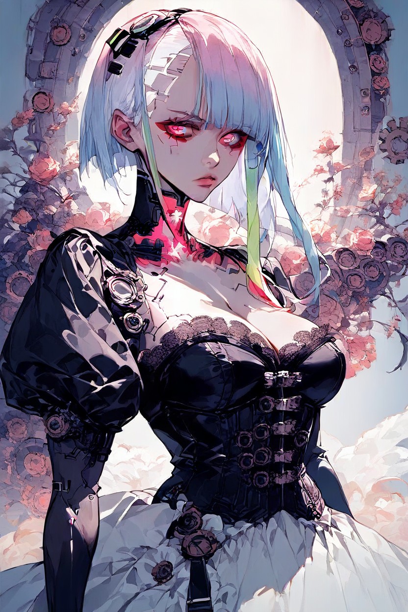 Seated In Candlelit Boudoir, Thigh-high Stockings With Gear-accented Garters, Huge Breasts Hentai AI Porn