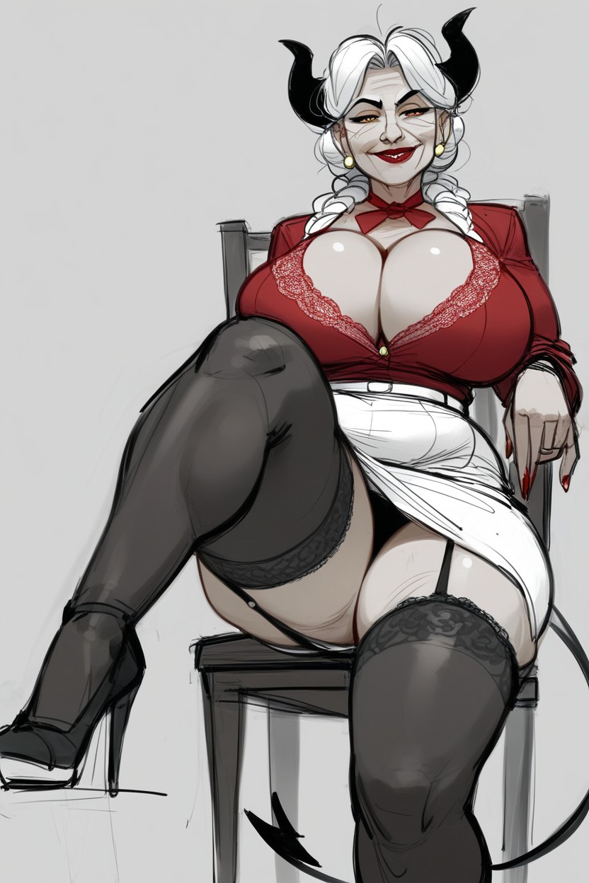 Giant Saggy Breasts, Full Body, Red Silk Shirt Hentai AI Porn