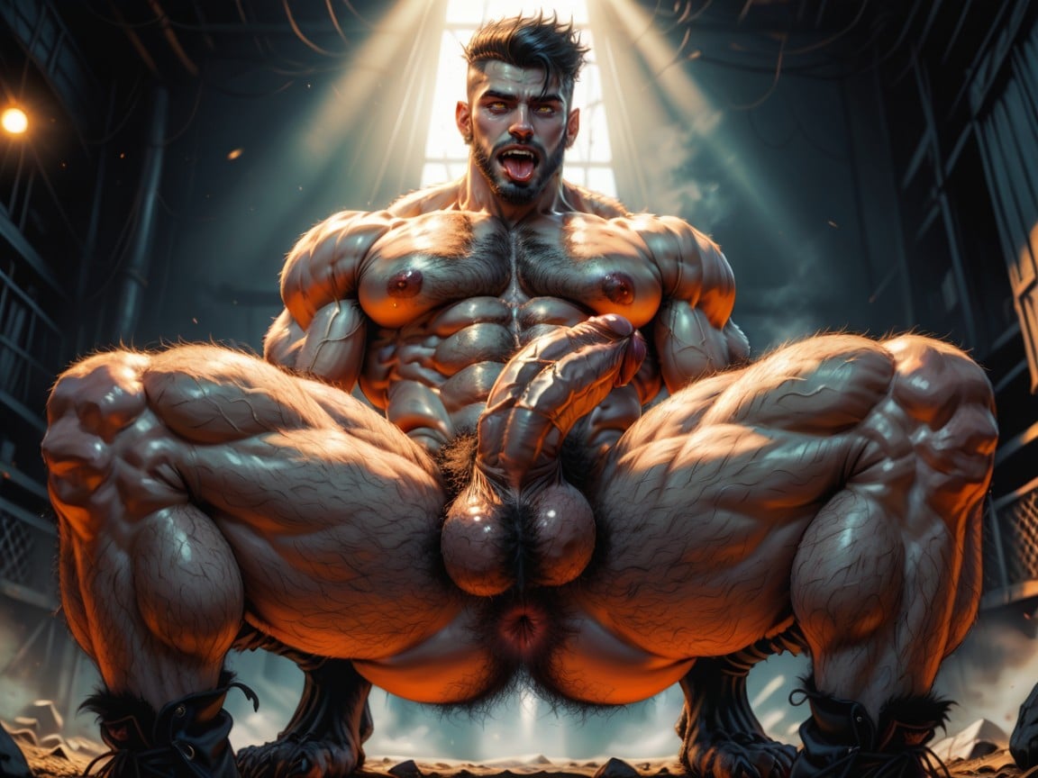 Werewolf Squatting With Hairy Legs Spread Wide, Were Beast, Hairy Cock AI Gay Porn
