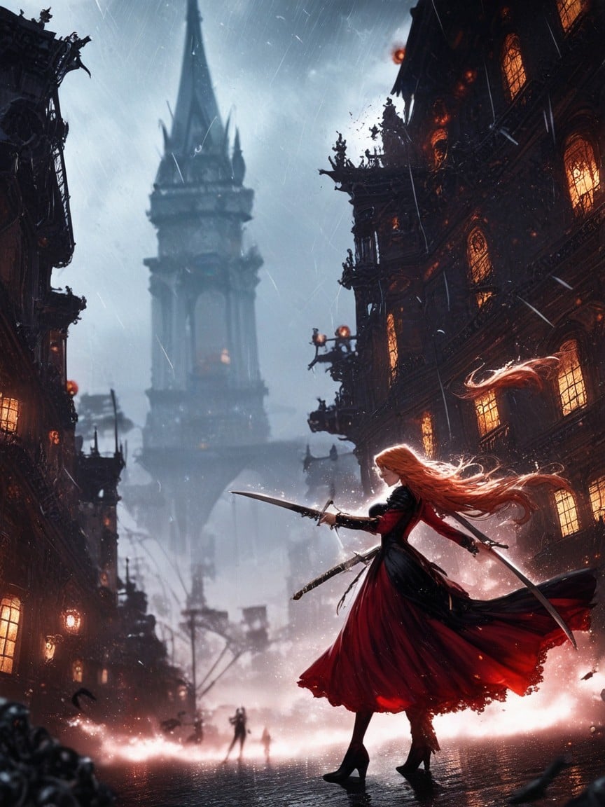 Amazing Quality, Dark Red Dress, Weapons Clashing Hentai AI Porn
