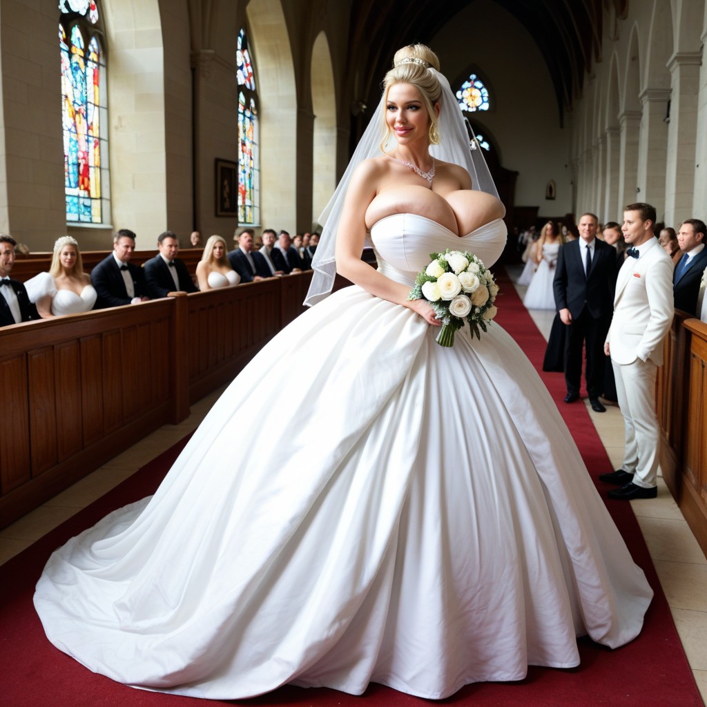 Happy, Classy College Bimbo, Holding One Wedding Bouquet AI Porn
