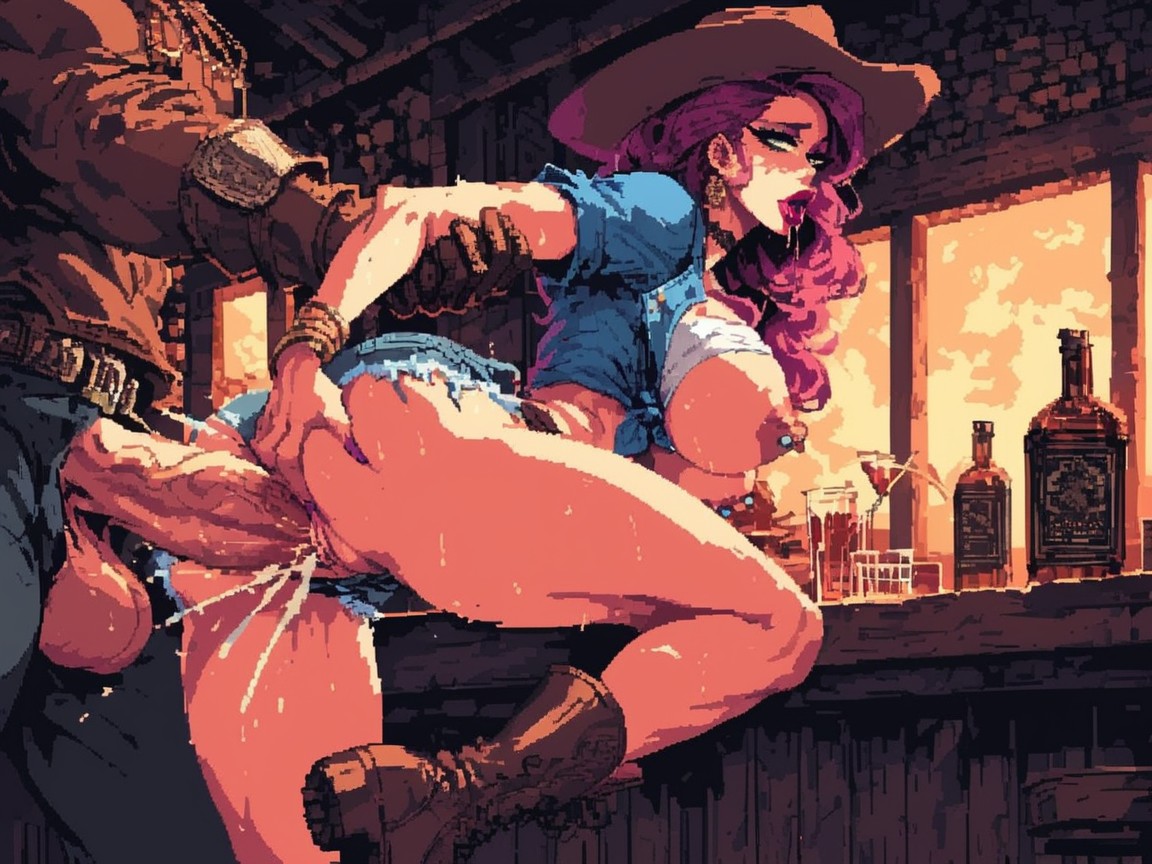 Grabbing Breasts, Tied Denim Shirt, Spit Drooling From Mouth AI Porn