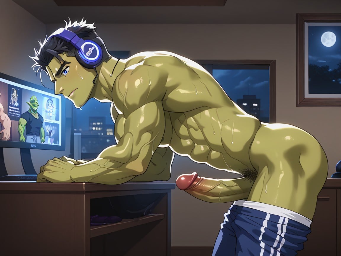 It Is A Dark Atmosphere Inside, Night, He Jerks Off His Penis AI Gay Porn