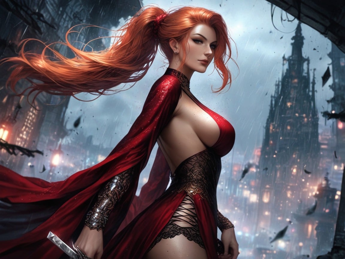Sideboob, French Architecture, Dark Red Dress Hentai AI Porn