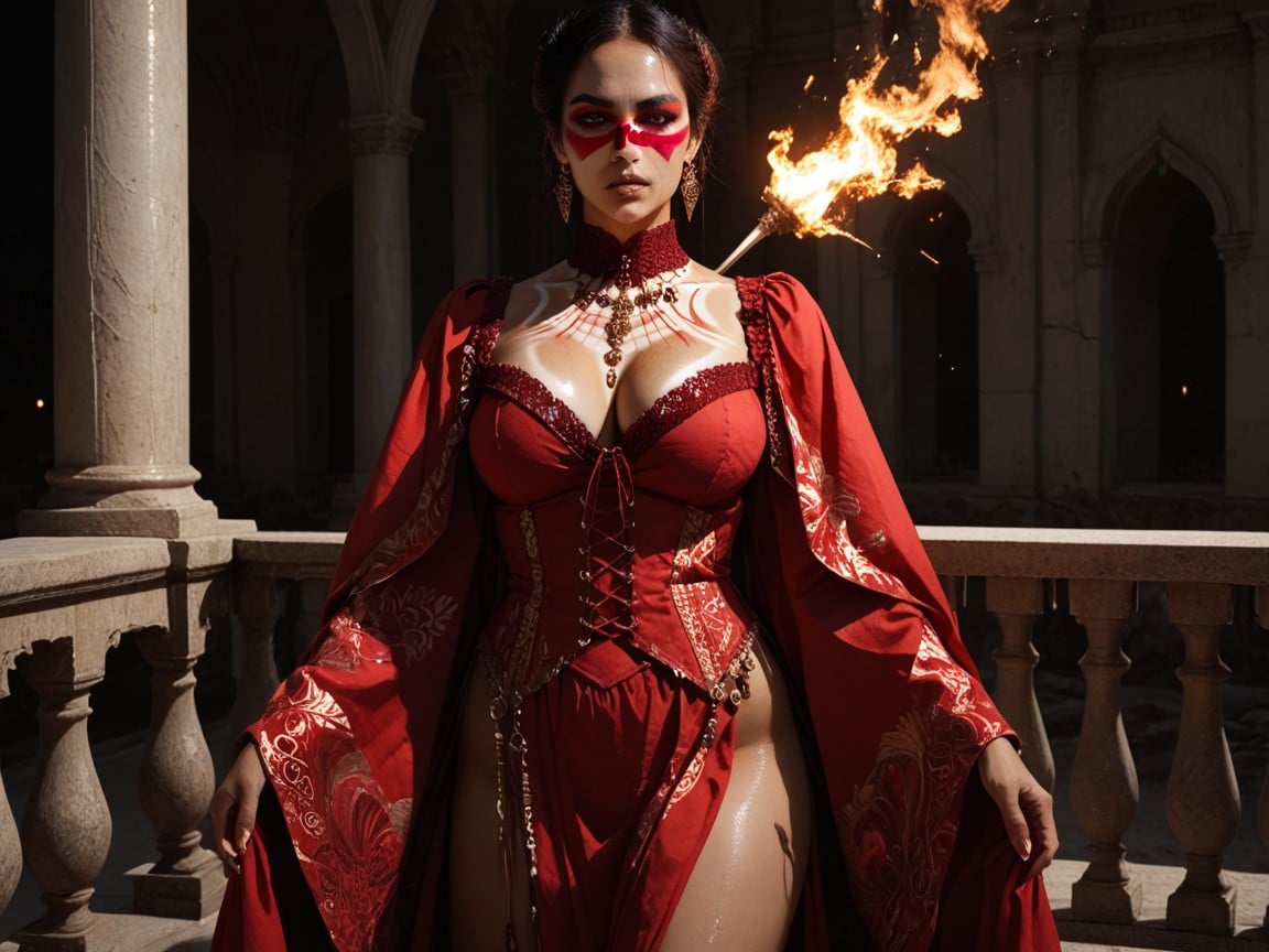 Low Waist Length, Wildfire In Background, Upturned Eyes Latina AI Porn