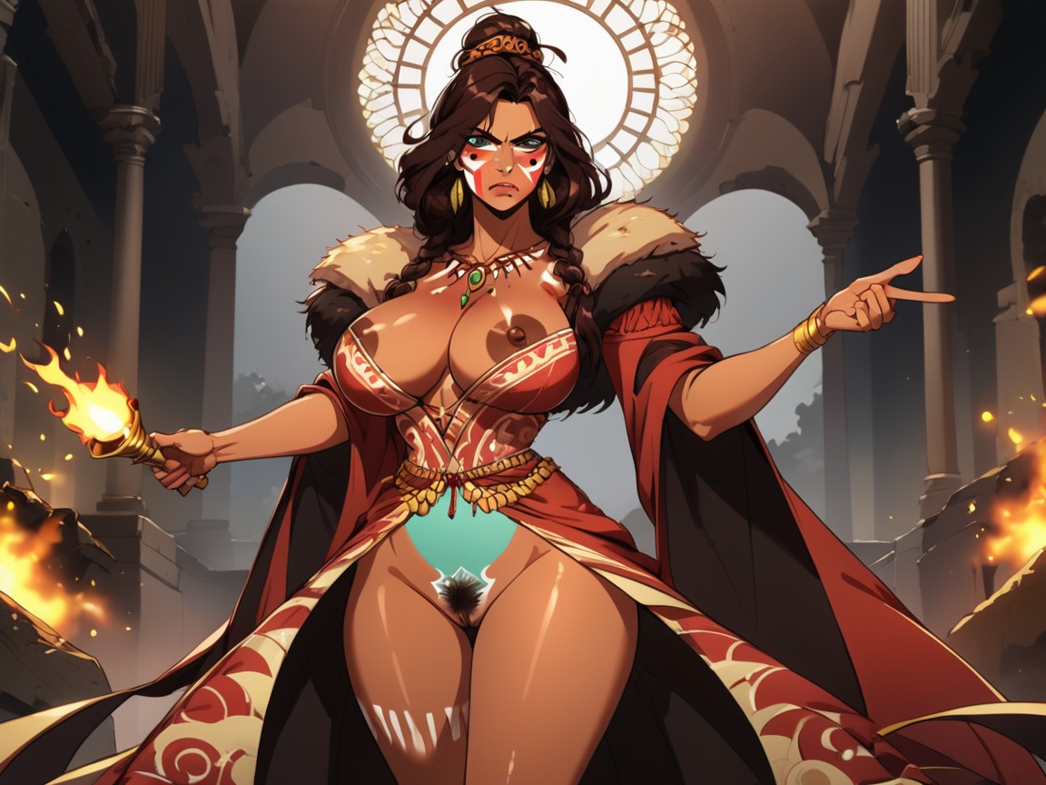Low Waist Length, Long Shoulder Width, Red Tribal Face Paint AI Porn