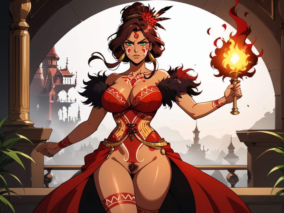 Wide Chest, Gold Coin Chain Belt, Wearing Red Snake Print Colonial Clothes AI Porn