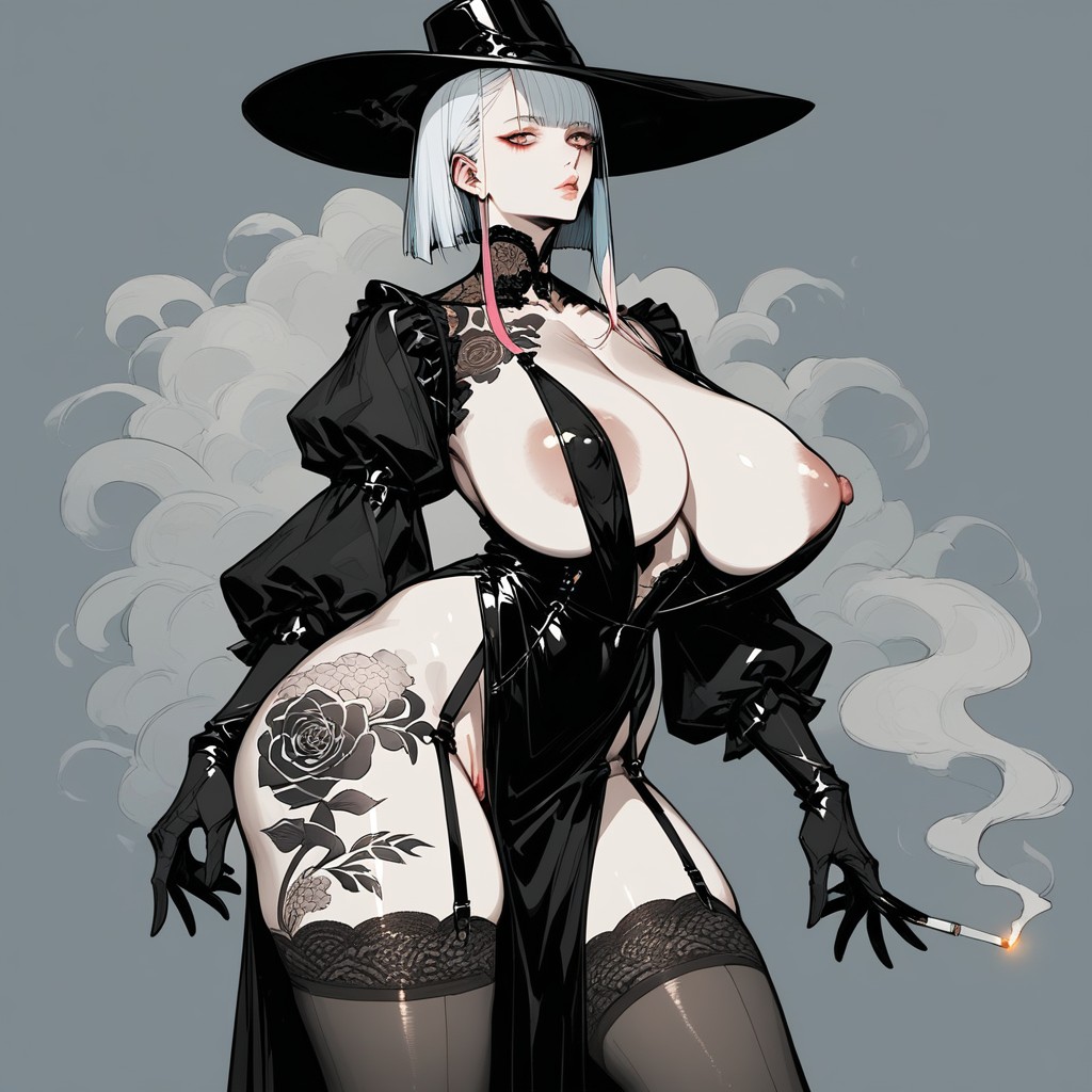 Long White Silver Hair With Pink Tips, Glowing Pink Eyes, 25+ Hentai AI Porn