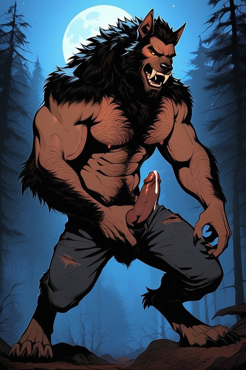 Werewolf Is Laying On The Ground Spreading Legs, Open Mouth, Forest AI Gay Porn
