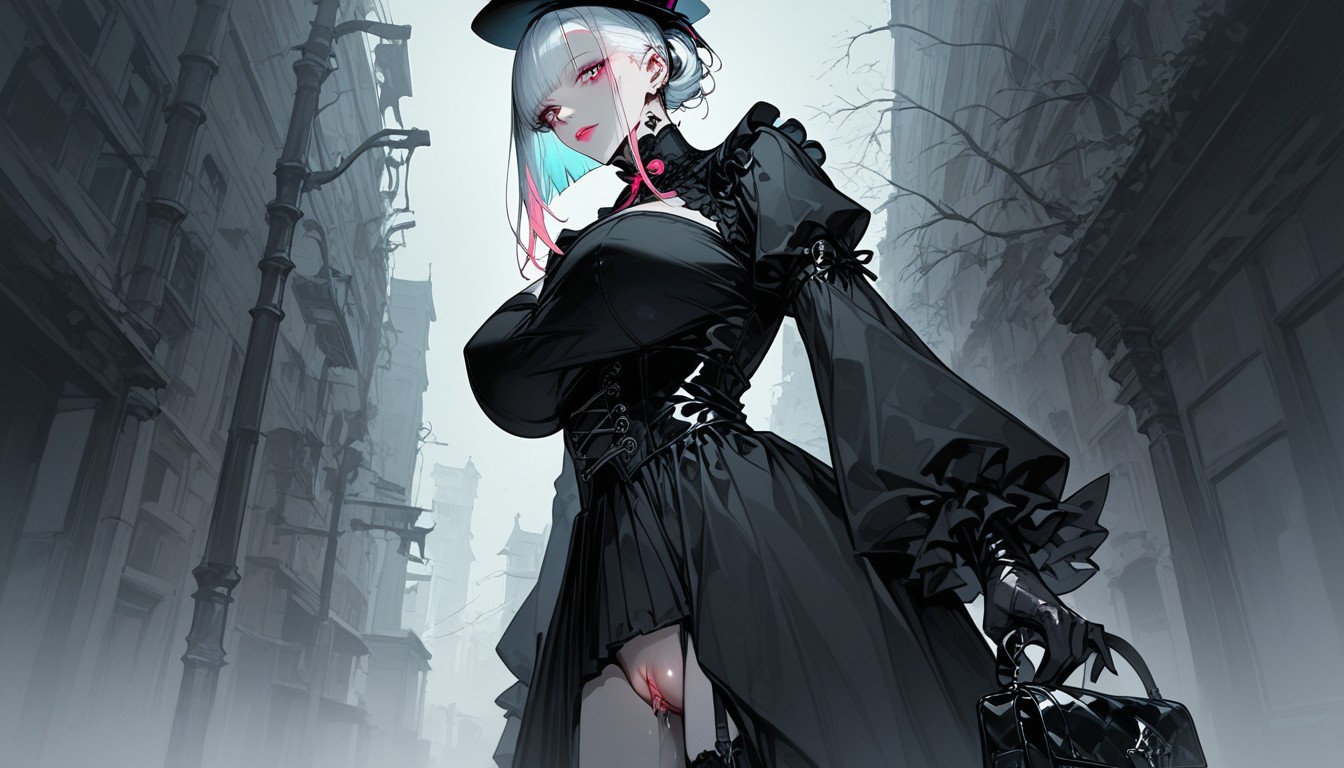 Long White Silver Hair With Pink Tips, Huge Breasts, Green Gas Drifting From The Vents Of His Mask Hentai AI Porn