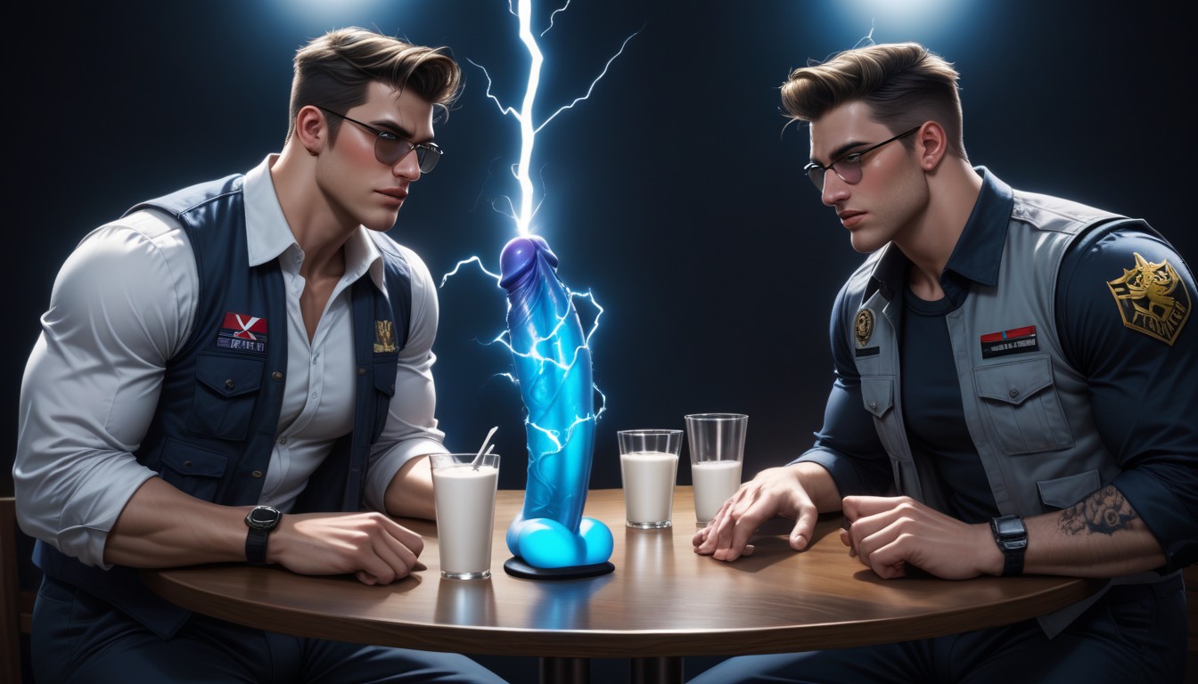 Flaming Lightning Tattoos On Face Arms And Neck, Moaning, White Powder On Glans AI Gay Porn