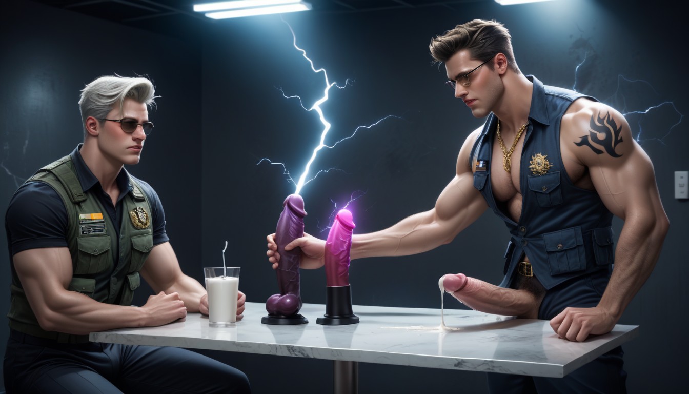 Open Vest, Black Background, Cock Looks Like Vibrating Dildo ゲイAIポルノ