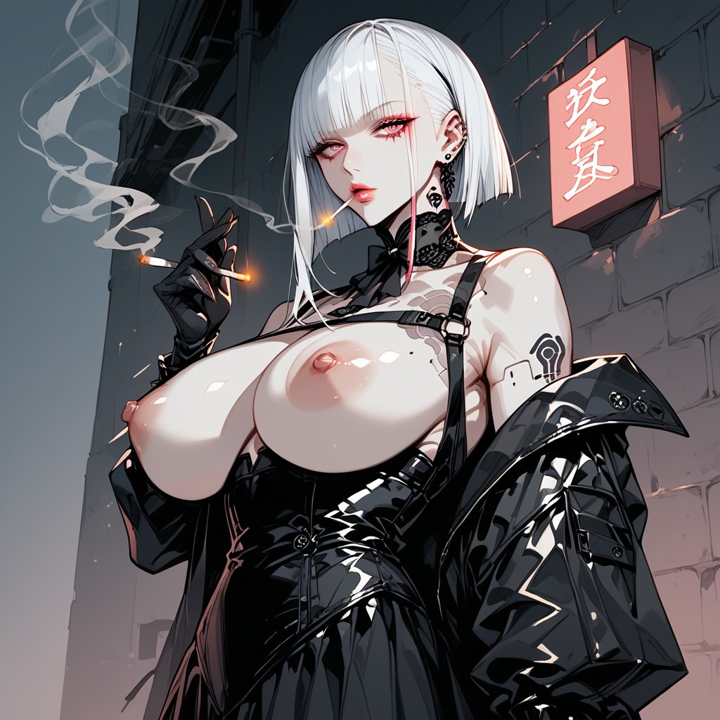 Soft Wet Reflections Glowing On The Stone, Cigarette On Lips, Eerie Stillness Hentai AI Porn
