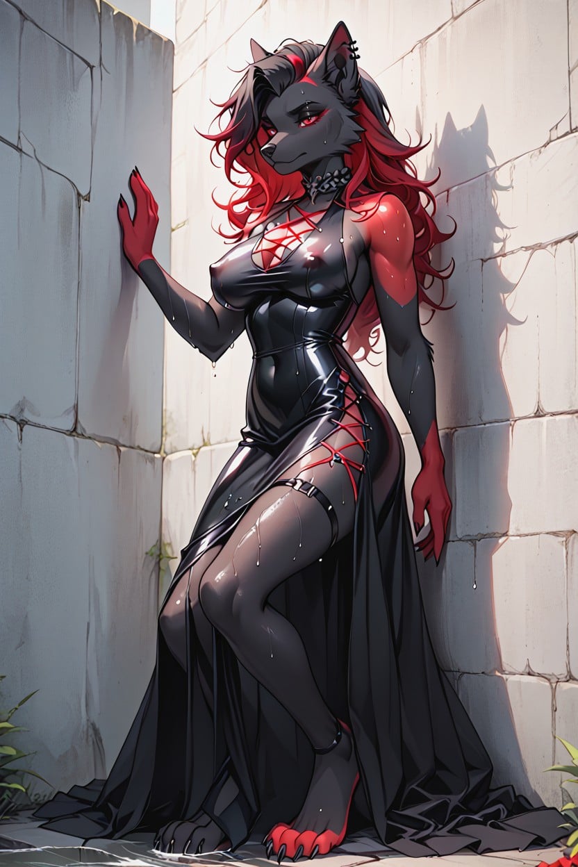 Red Hands, Red Eyes, Leaning Against Wall Furry AI Porn
