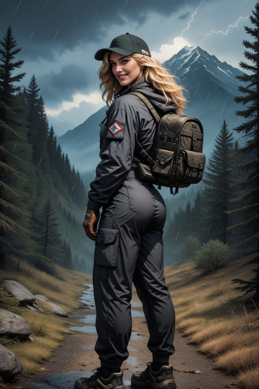Large Backpack, Blonde Hair, Perfect Smile Shemale AI Porn