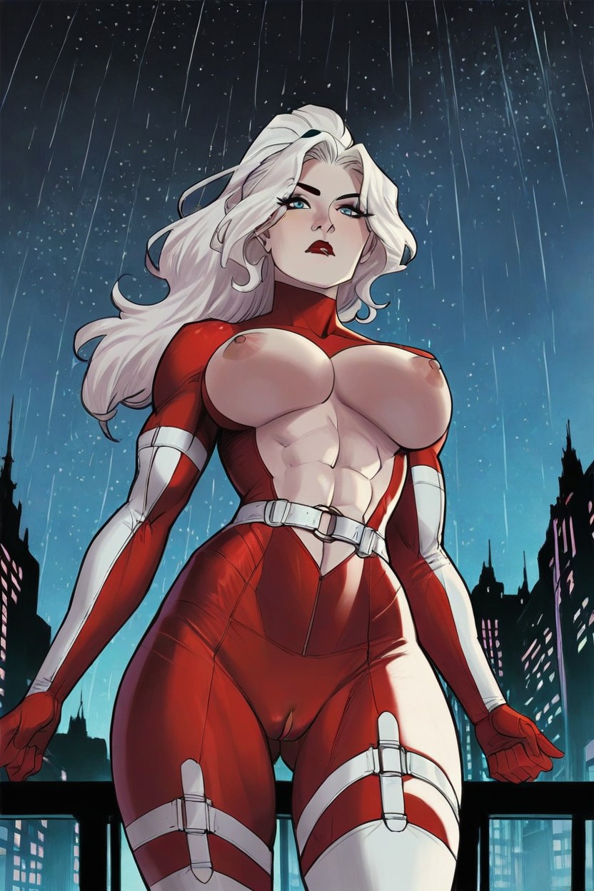 White Thigh Straps, White-skin-female, Latex Red Bodysuit Hentai AI Porn