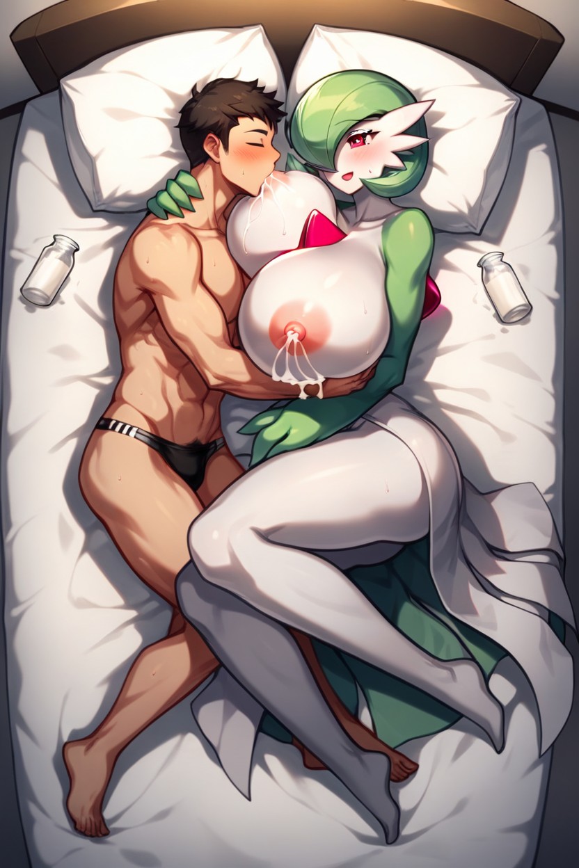 Loving Atmosphere, She Is Lying Sideways On The Bed, His Head Is By Her Tits Hentai AI Porn