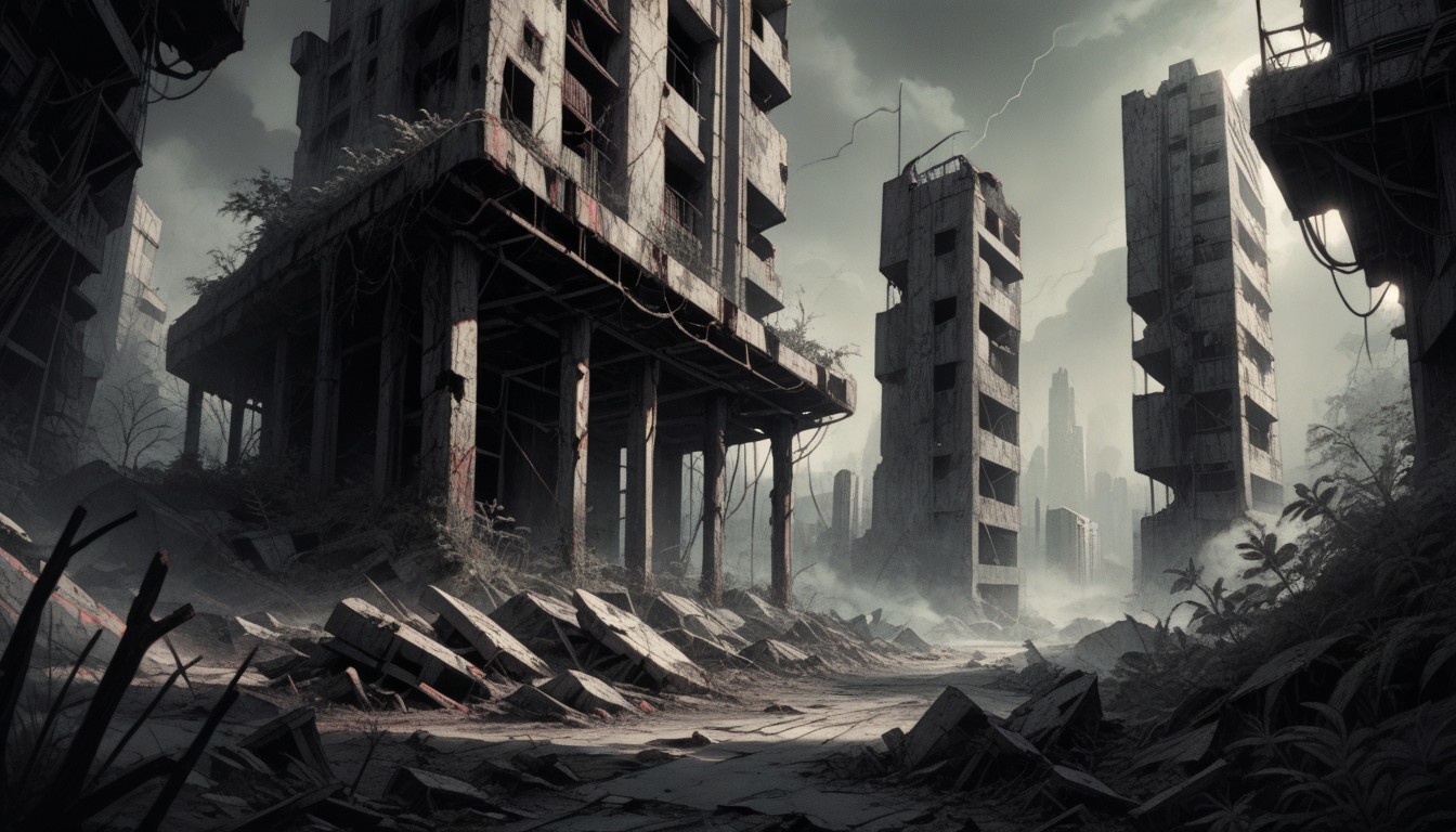 Ruined City Skyline, Overgrown With Vines And Moss, Foggy Atmosphere AI Porn