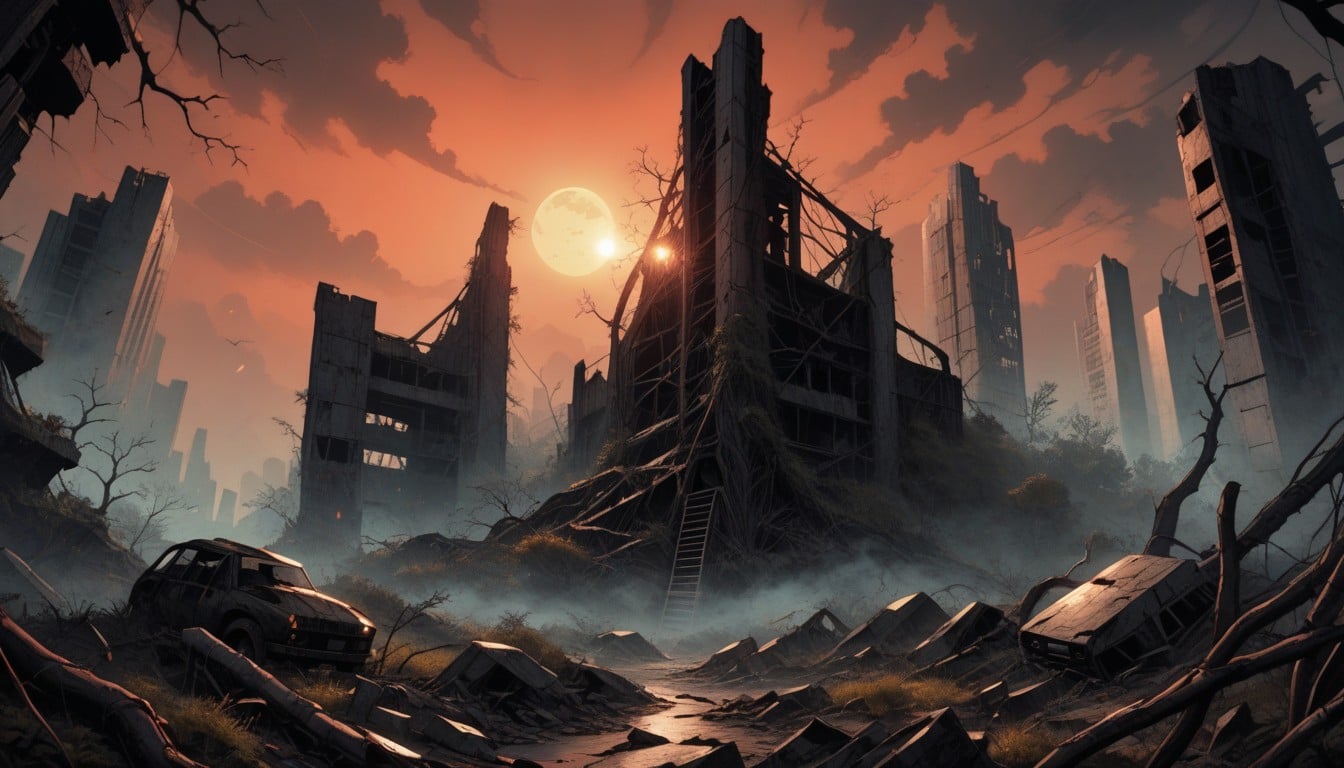 Skeletal Remains Of Skyscrapers, Shattered Windows, Rusted Metal Structures AI Porn