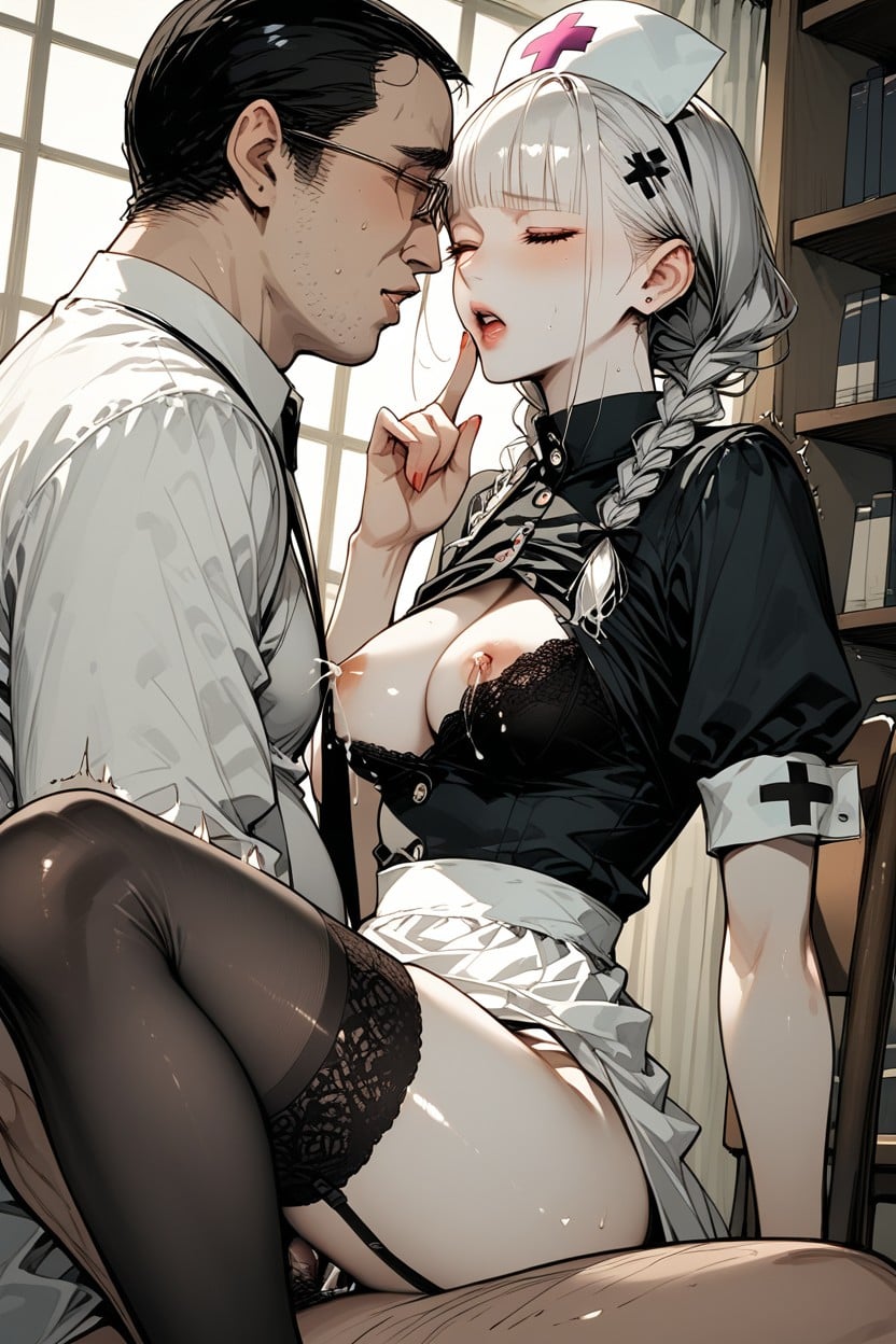 Embarrassed, Sweat, She Is On Top Of Fat Old Man Hentai AI Porn