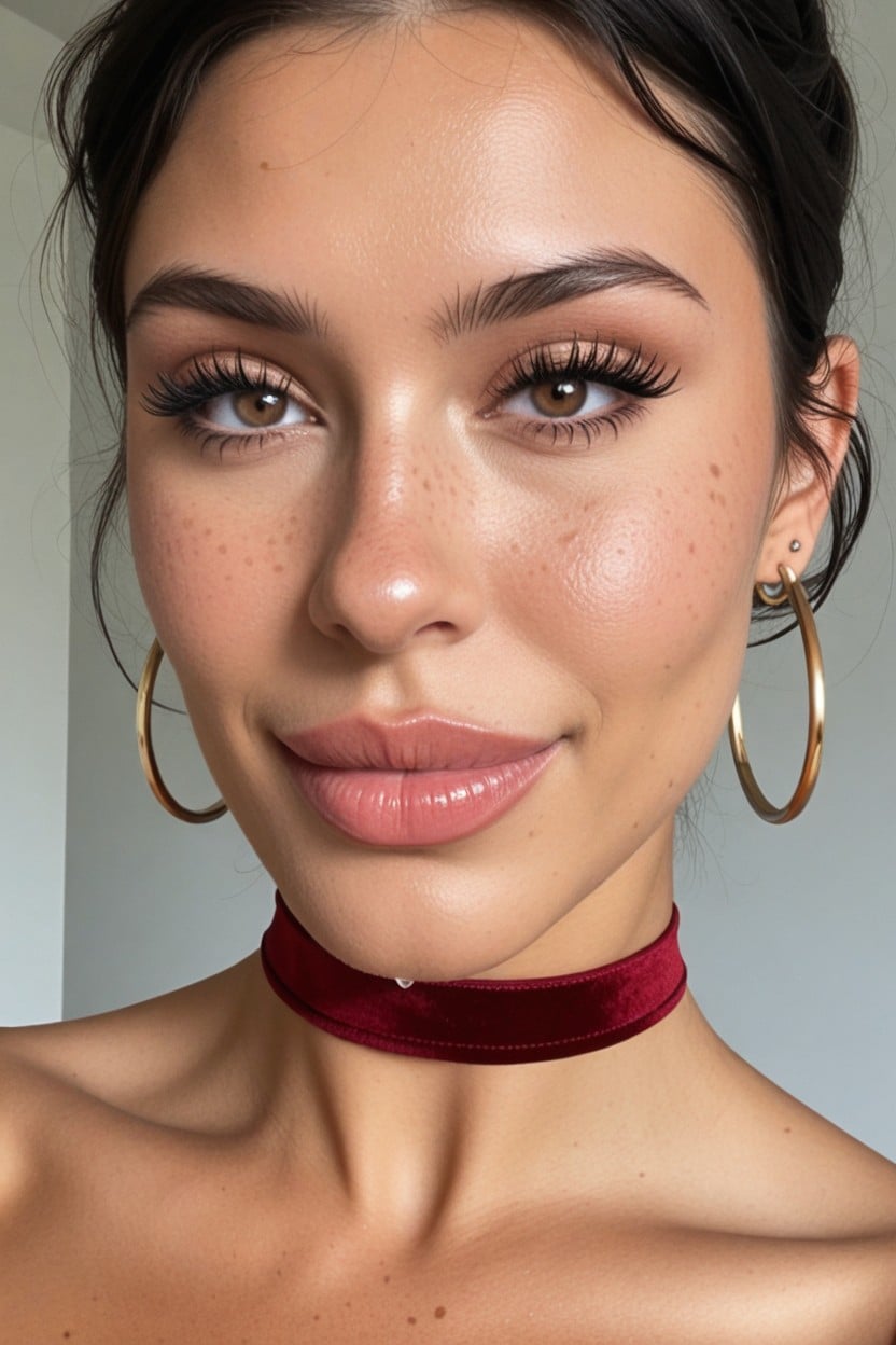 Long Thick Eyelashes, Huge Pumped Nude Red Mouth, Bangs AI Porn