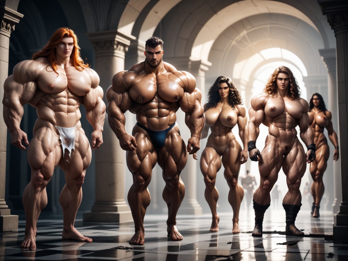 Hyper Muscles, Hyper Muscle, Brown Long Curly Hair AI Porn