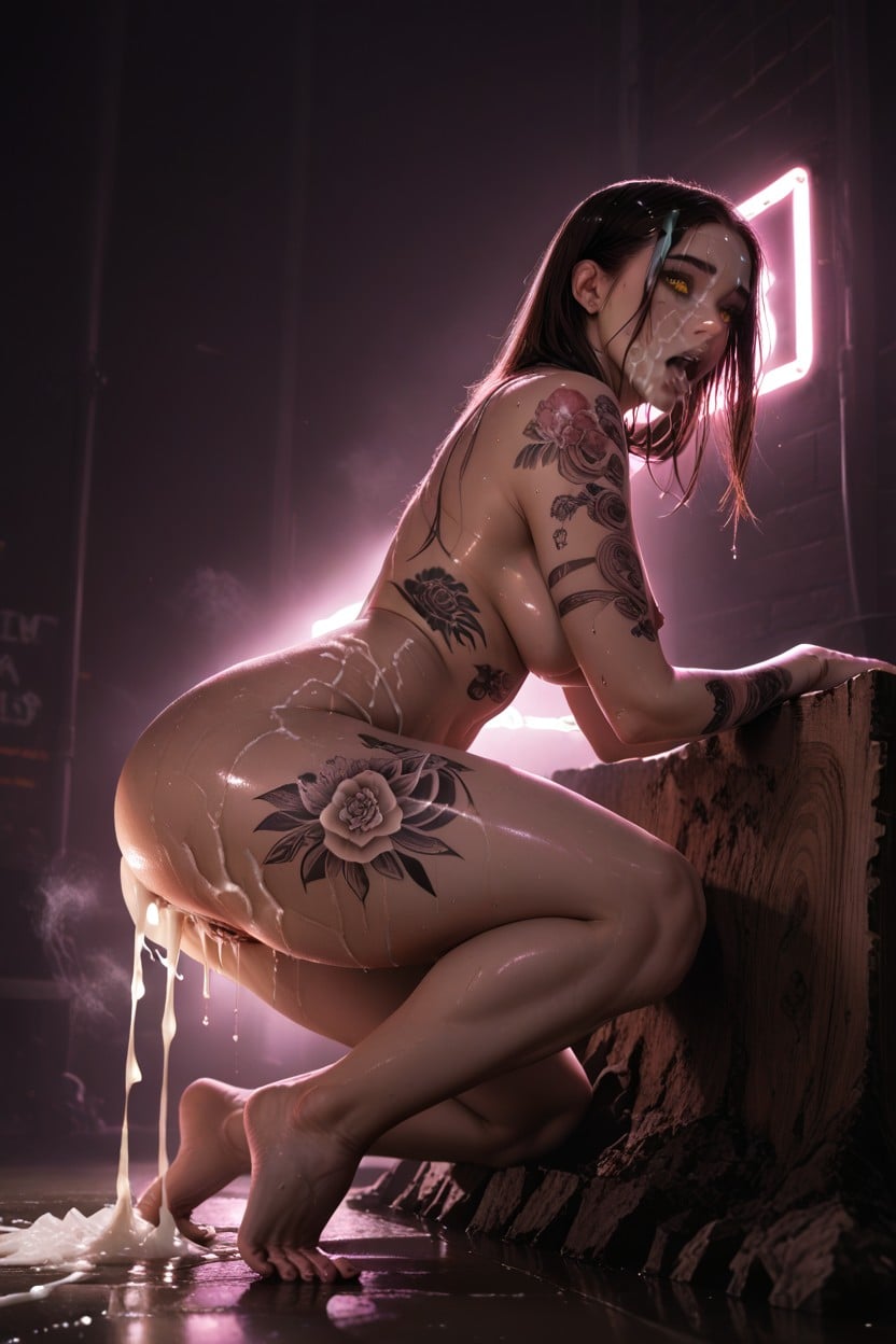 Creampie, Lying Sideways On A Mossy Wet Stump, Warm Firelight Flickering On Skin Hentai AI Porn