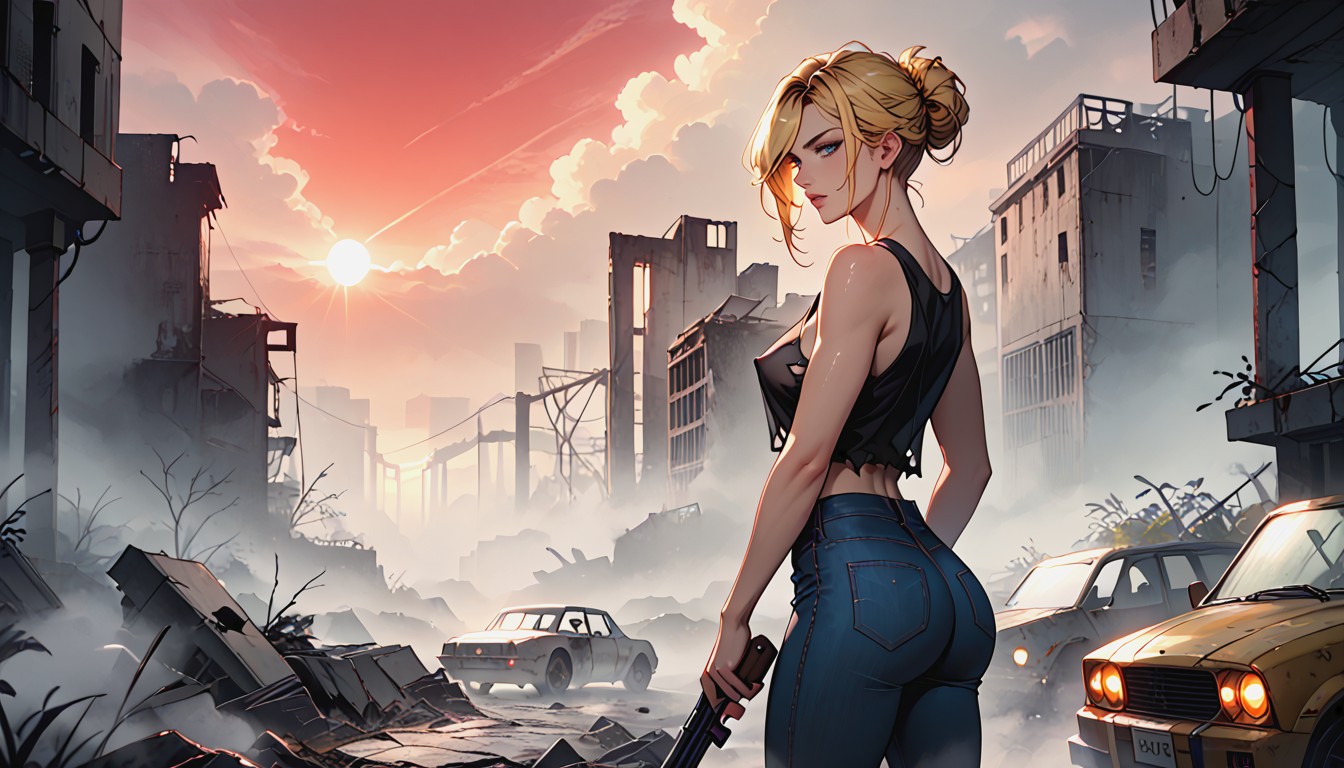 Blue Eyes, Skeletal Remains Of Skyscrapers, Sunset Hentai AI Porn