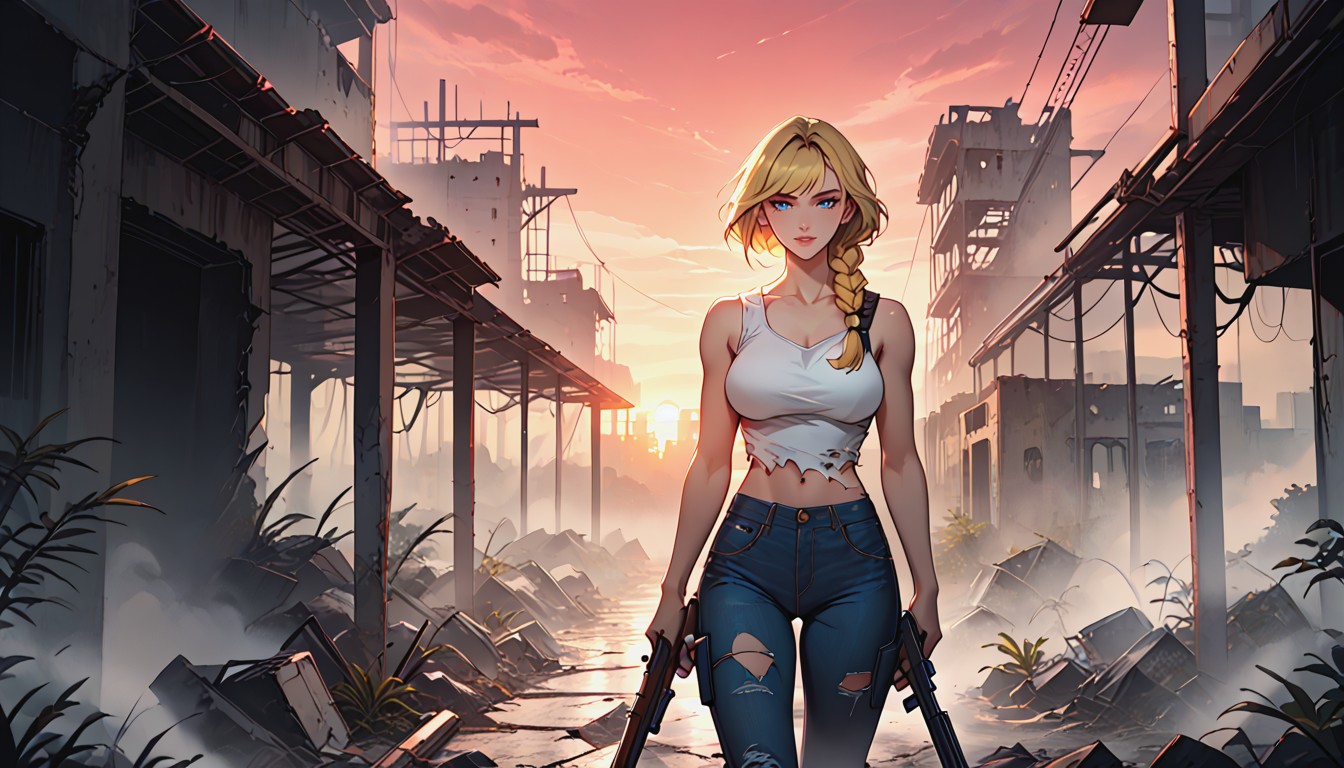Sunset, Natural Saggy Breast, Bokeh Effect Of Dust Clouds Hentai AI Porn