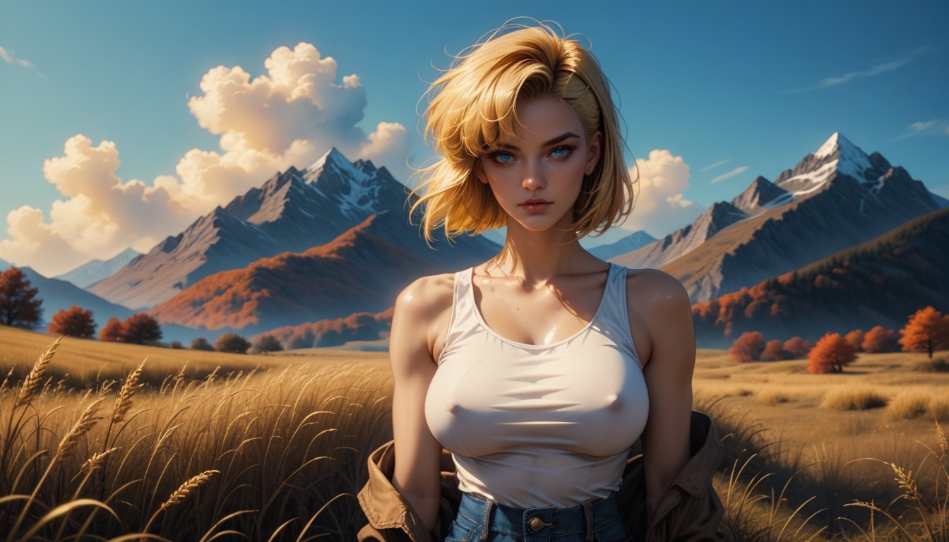Golden Hour Glow, Bokeh Effect, Standing In Tall Grass Up To Her Breast Hentai AI Porn