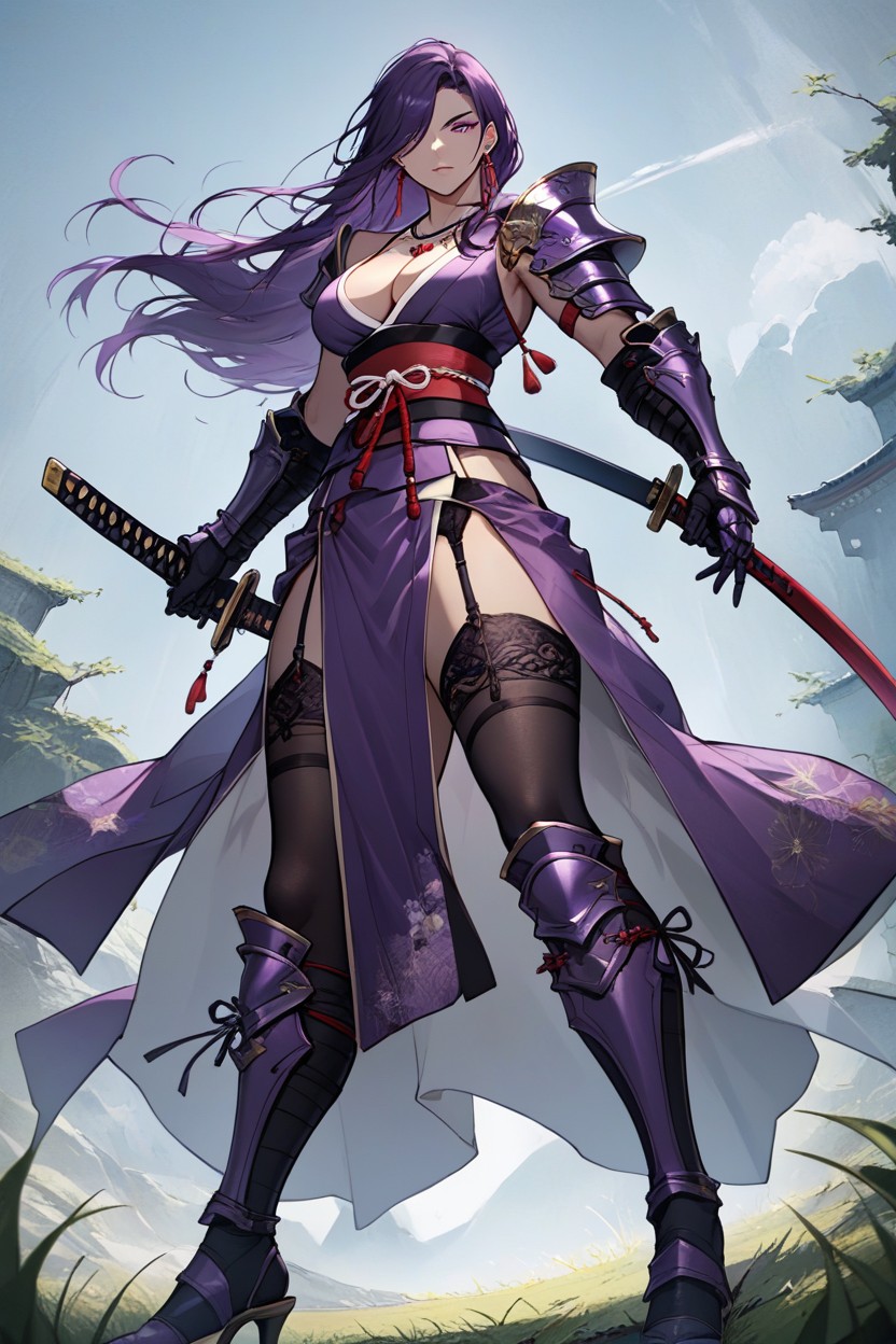 Gauntlets, Dark Purple Hair, Garter Belt Hentai AI Porn