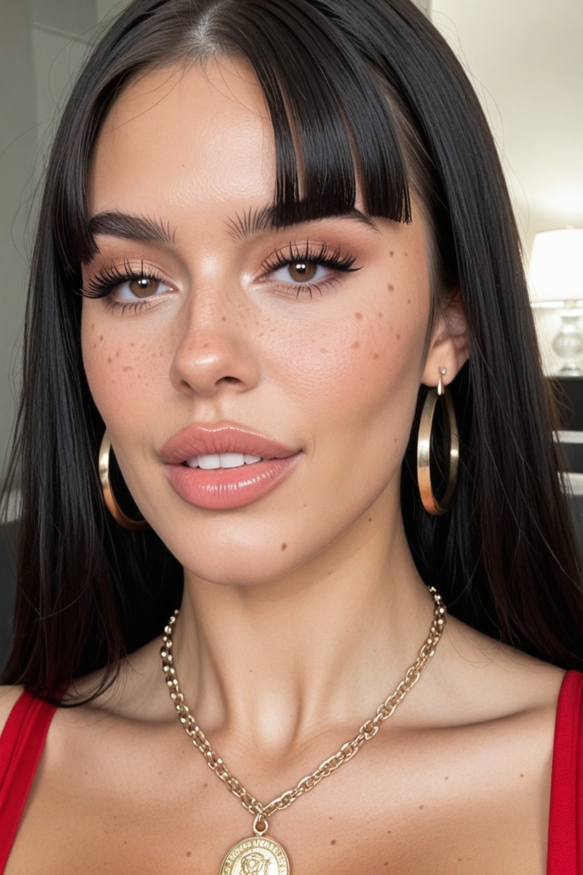 Bright Vivid Dark Brown Eyes, Large Eastern Nose, Huge Pumped Nude Red Mouth Porno IA