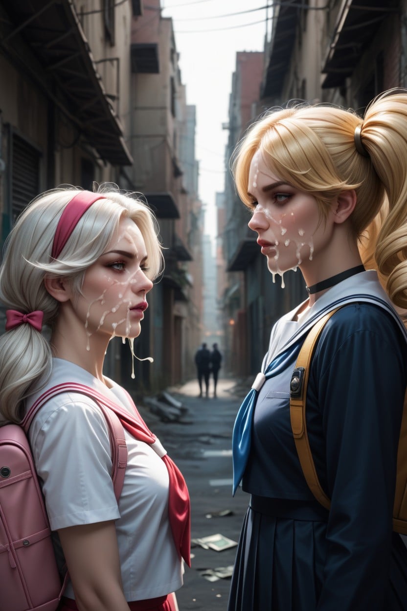 Two Blonde Women, Wearing Sailor Uniform, Abandoned Alley AI Porn