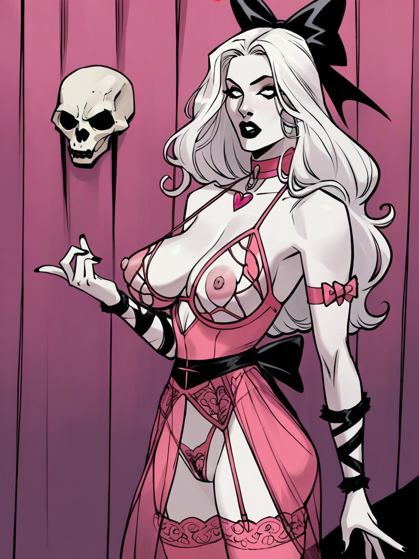Hot Pink Lace Stocking, In Gothic Bed, Full Cupid Bow Lips AI Porn