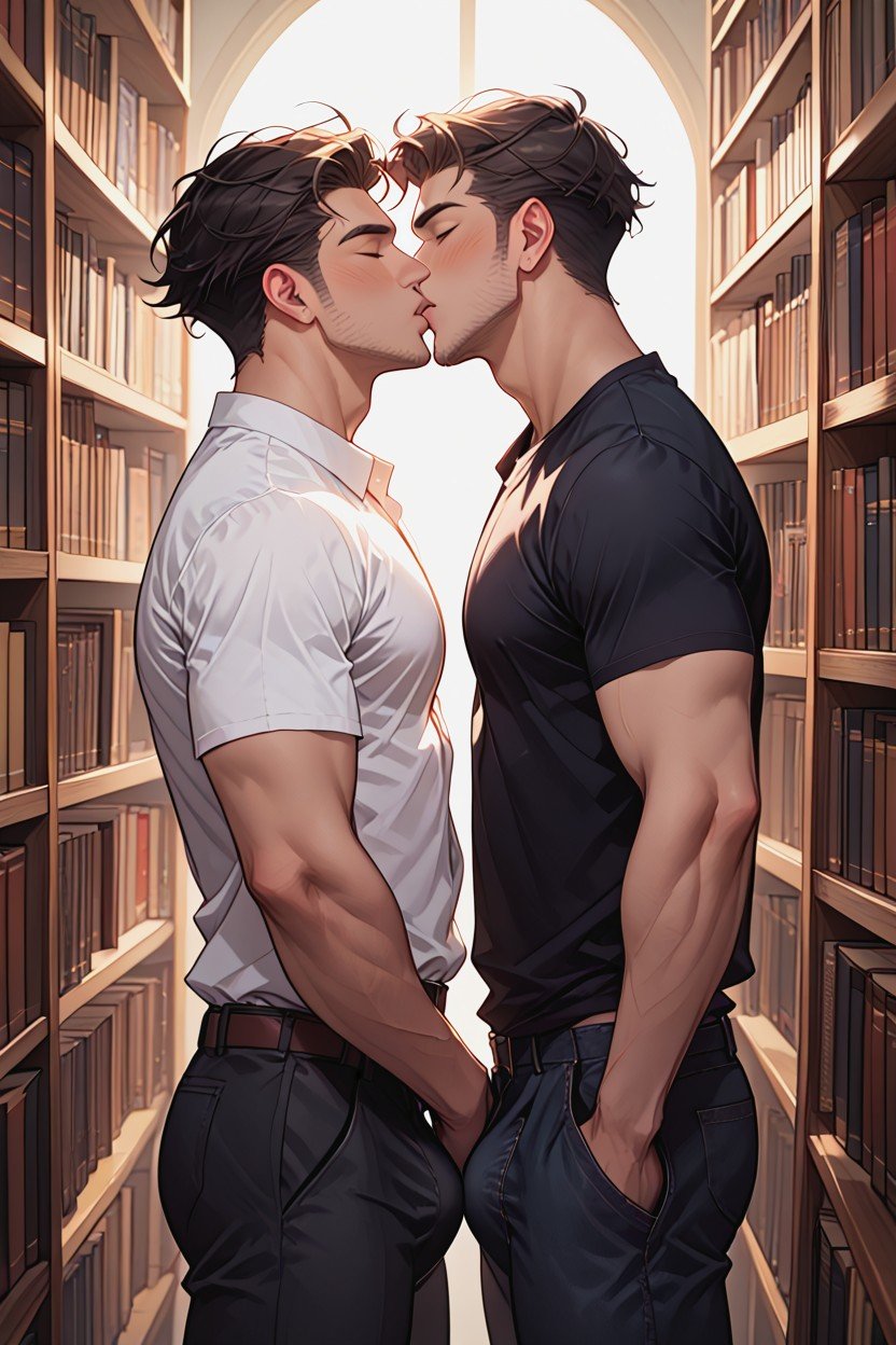 Book Nerds Kissing Against A Book Shelf, Soft Lighting, 2 People AI Gay Porn