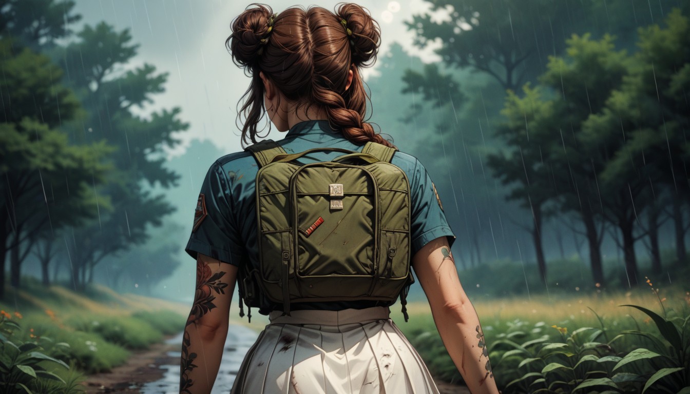 Large Olive Green Backpack, Tight Black Leotards, White Skirt Hentai AI Porn