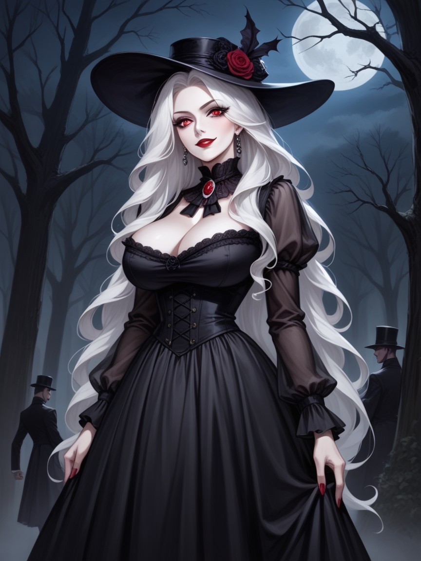 Very Long White Hair, Red Eyes, Bats Hentai AI Porn