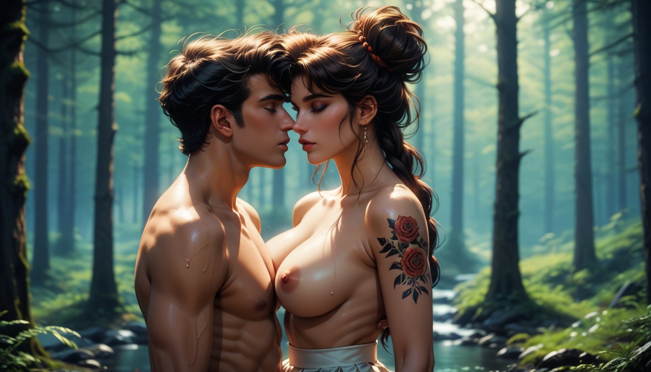 Blurred Background, Woman With Brunette Braided Hair, Two Hair Buns Hentai AI Porn