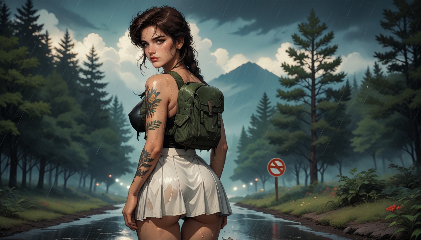 Plants Ranking Over The Street, Creamy Background Blur, Wet Brunette Braided Hair Hentai AI Porn