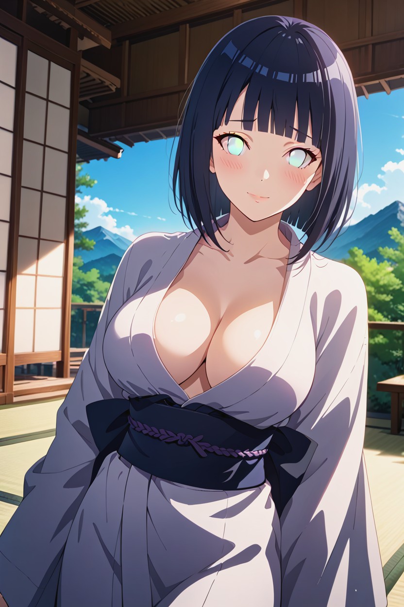 Light Purple Eyes, Emphasized Cleavage, Happy Hentai AI Porn