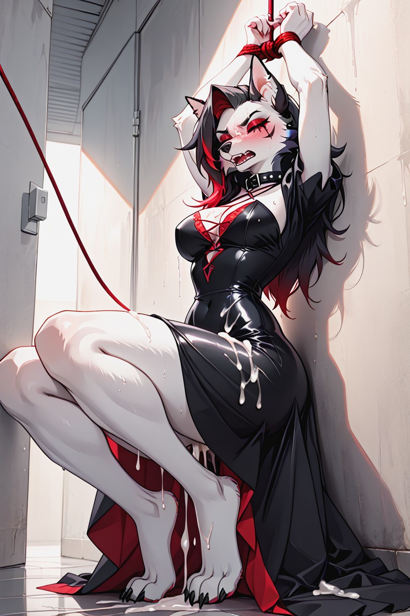 Hogtied, Black Latex Dress, Leaning On Wall Furry AI Porn