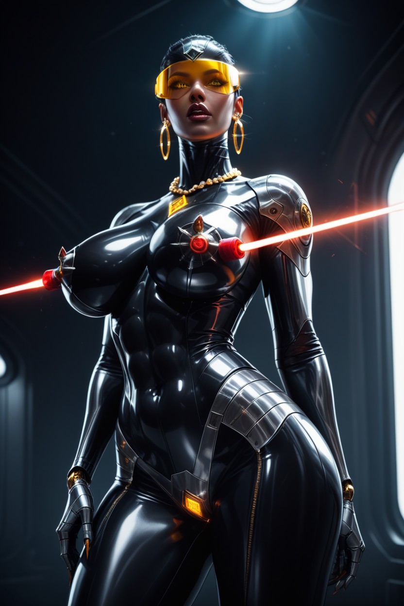 Ojos Brillantes, Metallic Robot Penis Attached With Metallic Pointy Tip, Platform High Heels Porno latina IA