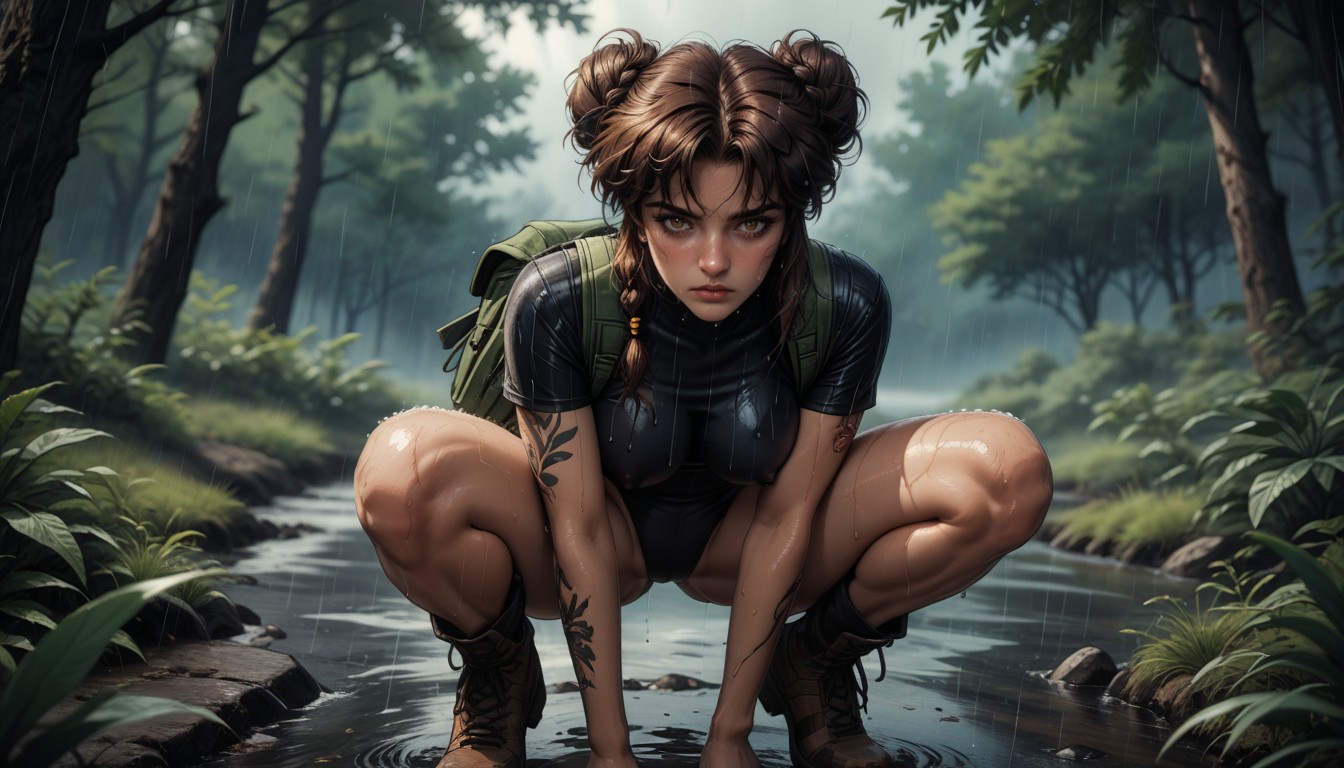 Wet Brunette Braided Hair, Bottom Up View, Tired Face Hentai AI Porn