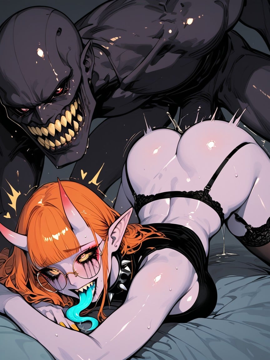 Black Garter Belt, Excessive Drooling, Light Blue Tongue Hentai AI Porn
