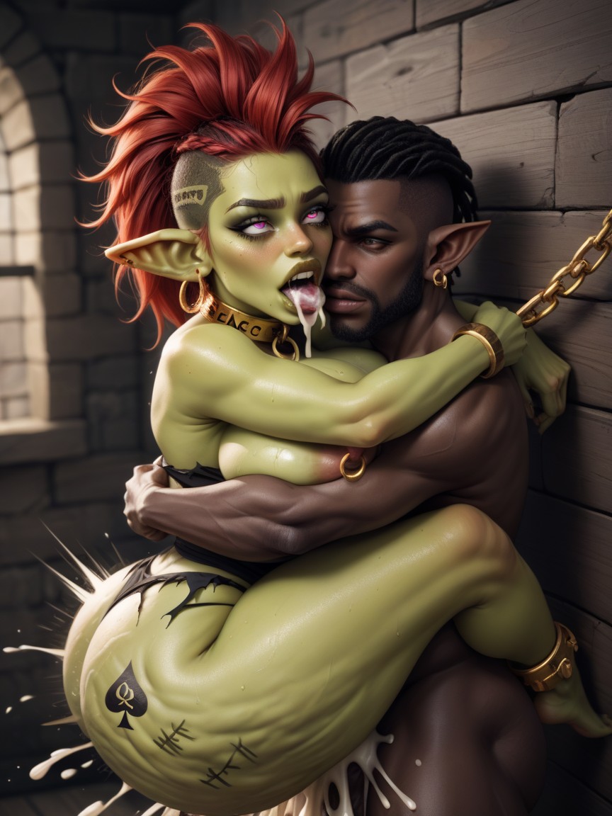 Cum Spewing Out Of Her Mouth Onto His Back, Plum Lips, Giant Fangs AI Porn
