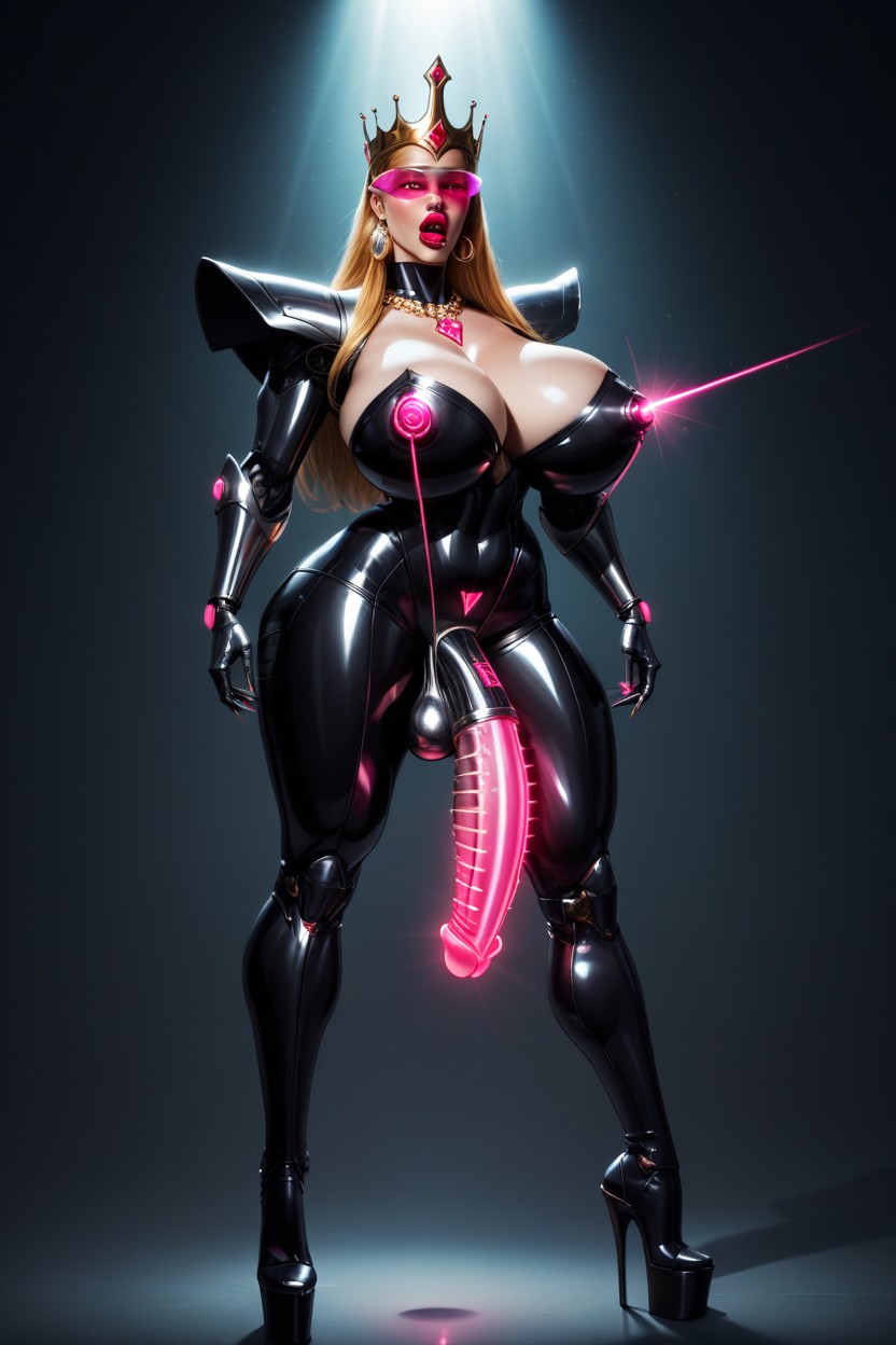 Extended Eyelashes, Sharp Long Fingernails, Massive Erect Smooth Metallic Penis Shemale AI Porn