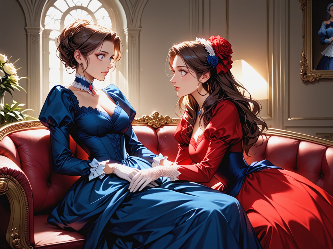 Waist Shot, Woman In Red Dress Lifts Other Womans Blue Dress, Two Women AI Porn