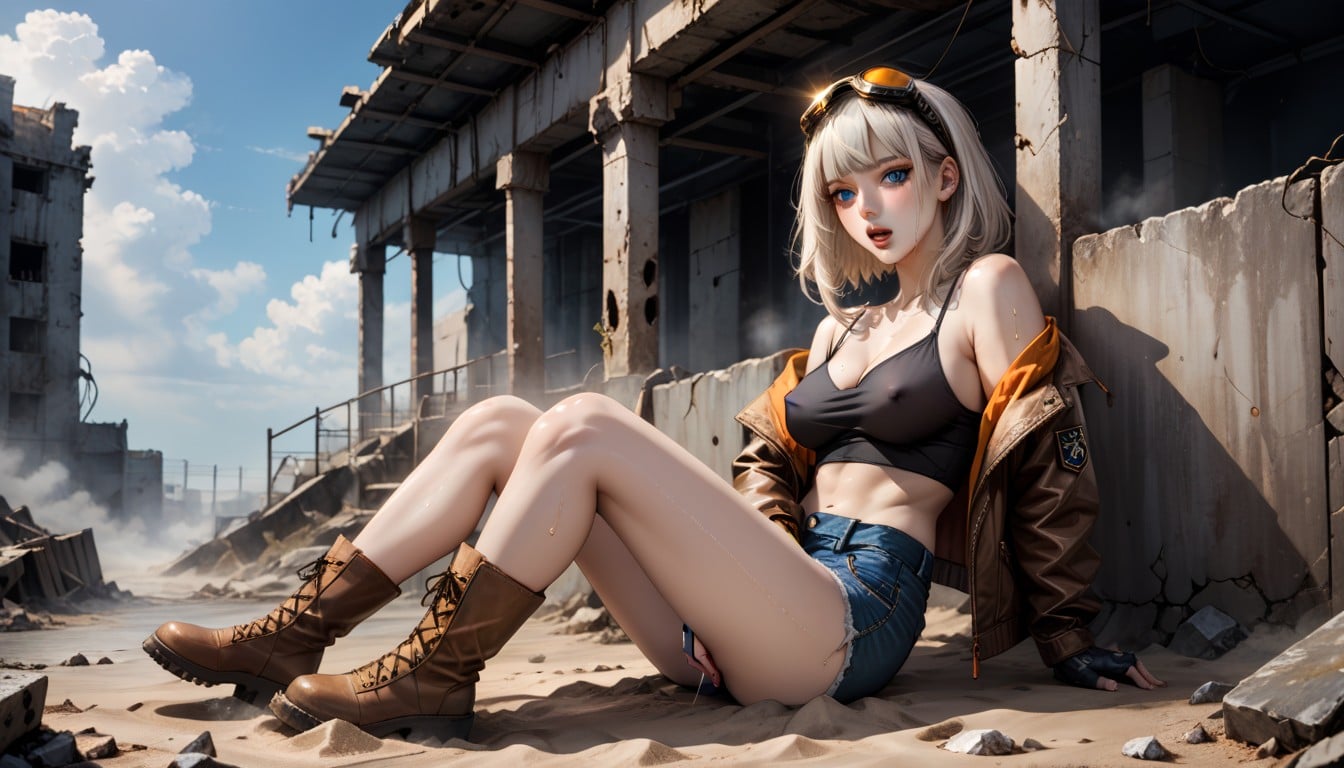 Dystopian Scenery, Sexy Idol, Cropped Brown Bomber Jacket Off Shoulder Hentai AI Porn