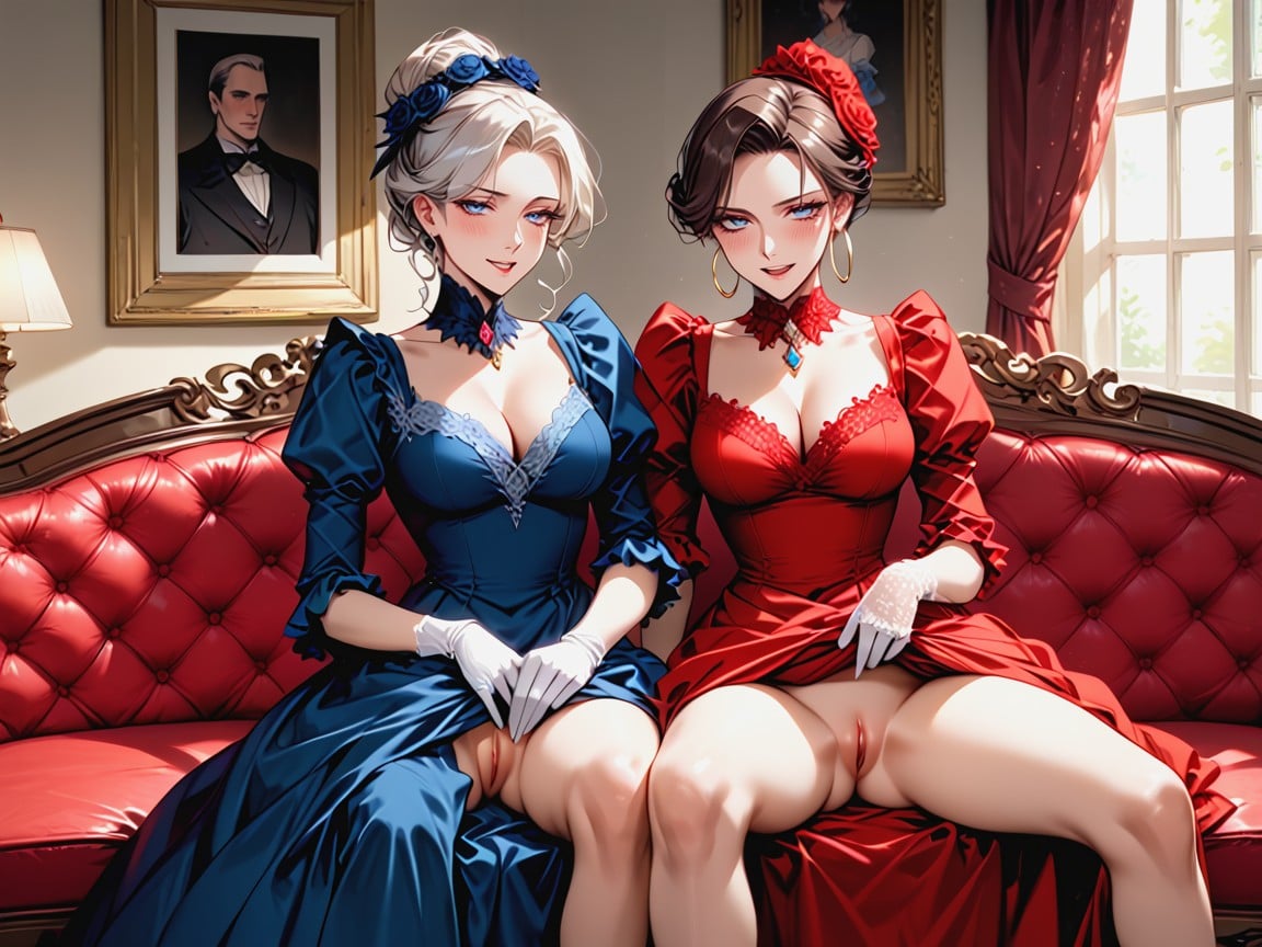 Woman In Blue Dress Is Spreading Legs Wide And Revealing Pussy, Coffee Table, Ornate Furniture AI Porn