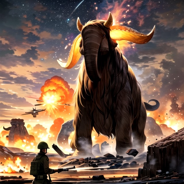 Soldiers Firing At Mammoth, Explosion, Modern City Hentai IA